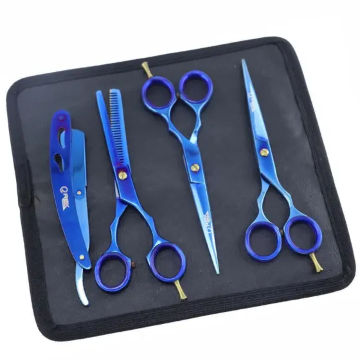 Kit Azul 3 Tesouras + Navalhete + Estojo Profissional 7.0