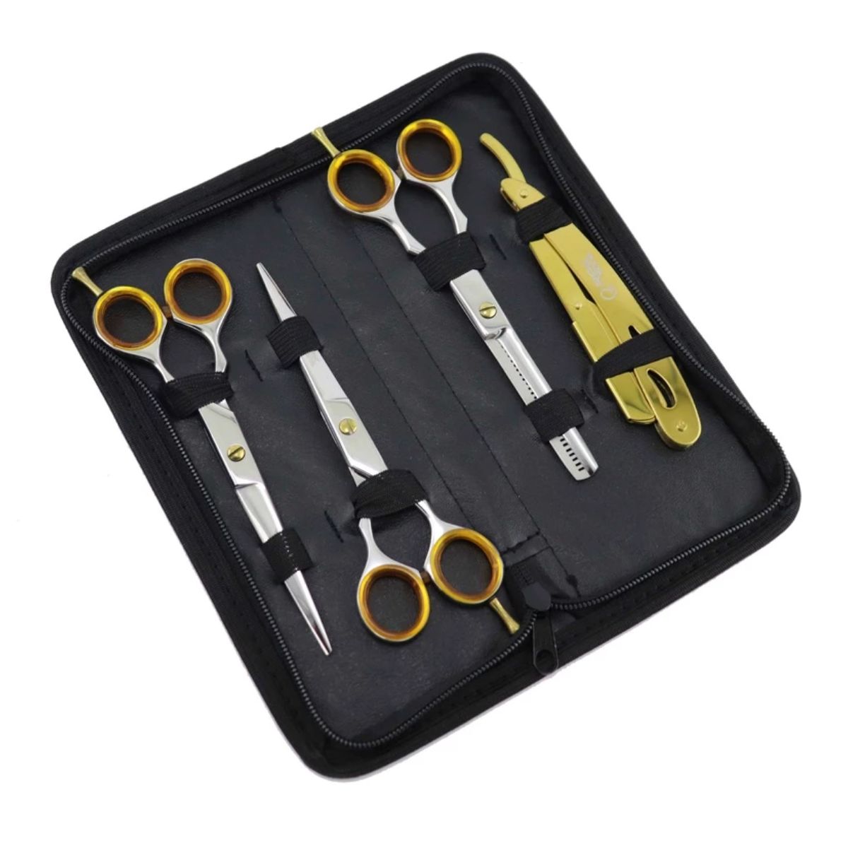 Kit Dourado c/ Prata 3 Tesouras + Navalhete + Estojo Profissional 7.0